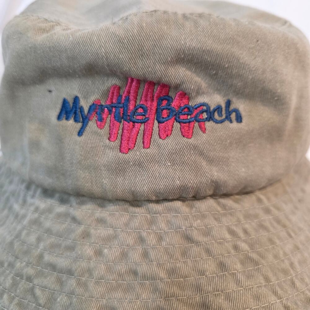 Vintage 90s Myrtle Beach Club Khaki Blue Trim Cotton Bucket Hat Sun Cap - Picture 2 of 5